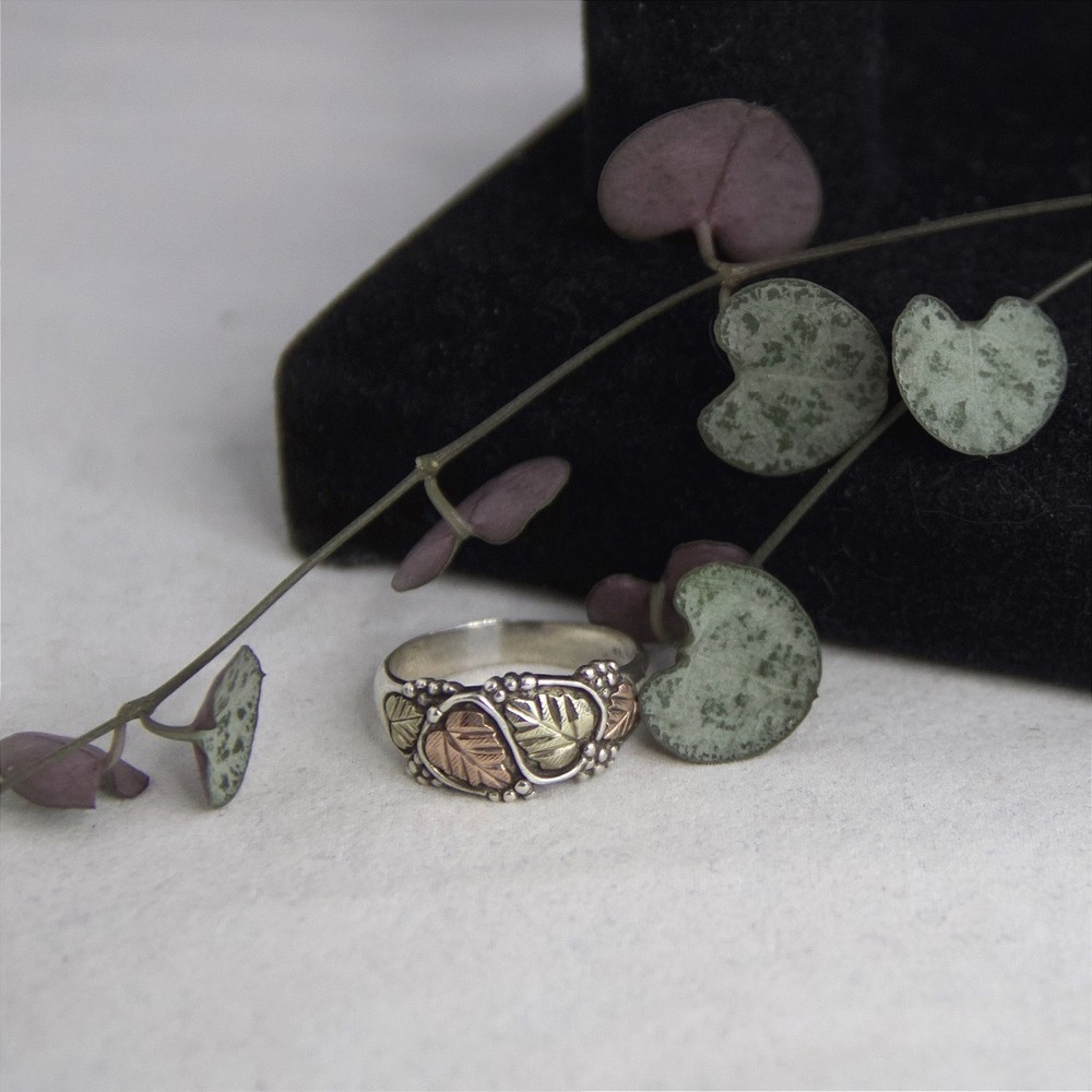 Sterling Silver Black Hills Style Leaf Ring 14k Gold Filled Accents Size 11